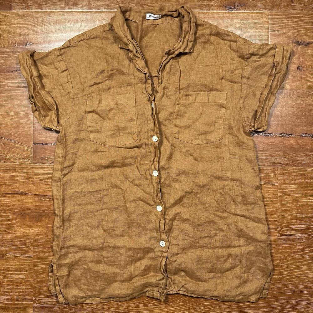 Vitamin A Oversized Button Up Shirt Women S Brown 100% Linen Coverup Resort Chic